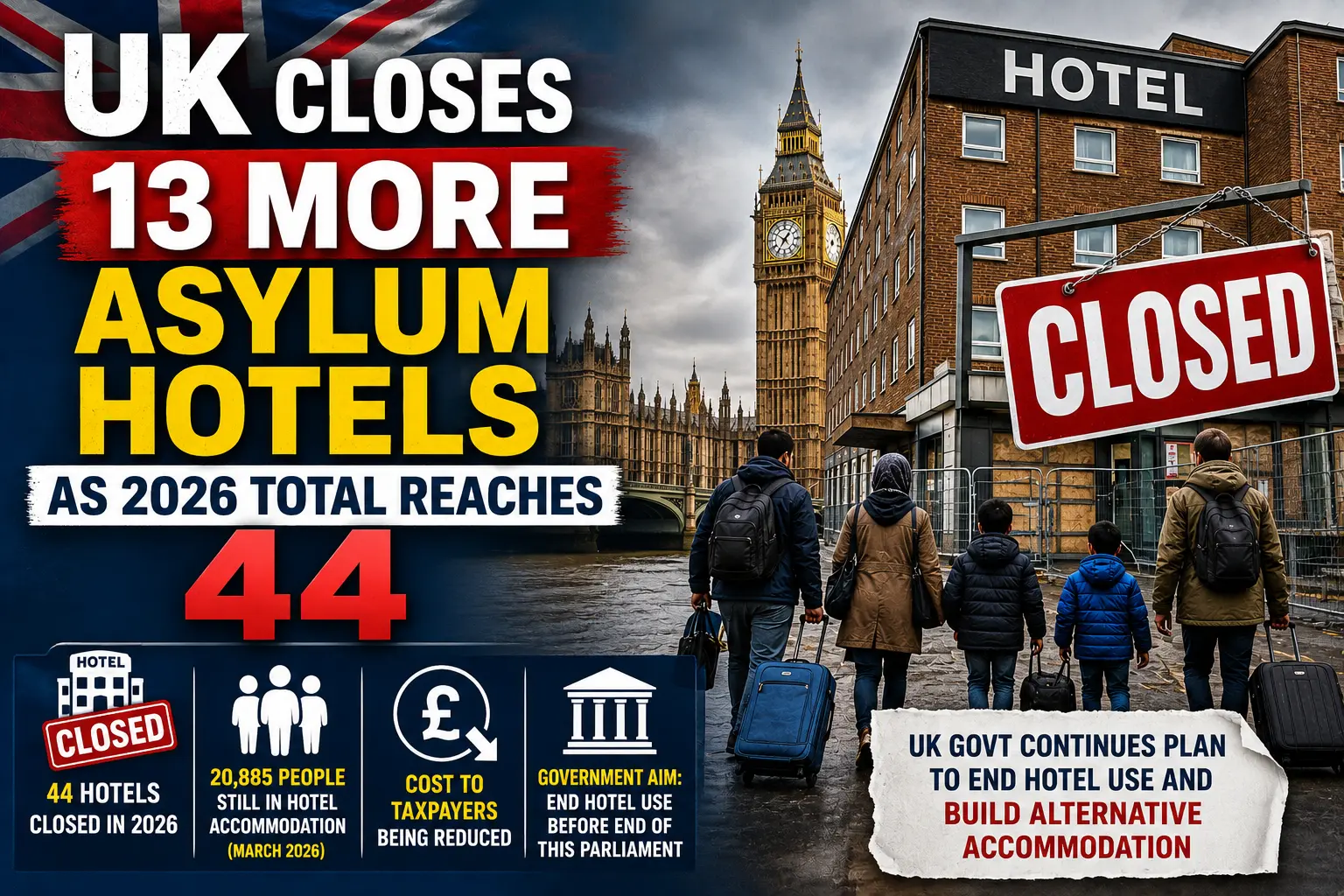 UK Closes 13 More Asylum Hotels as 2026 Total Reaches 44
