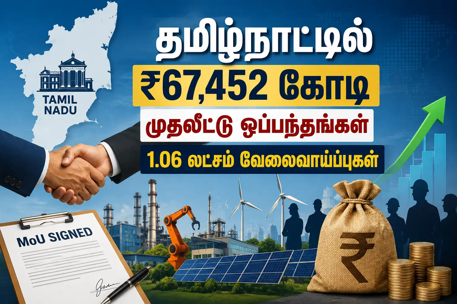 தமிழ்நாட்டில் ரூ.67,452 கோடி முதலீட்டு ஒப்பந்தங்கள்: 1.06 லட்சம் வேலைவாய்ப்புகள்